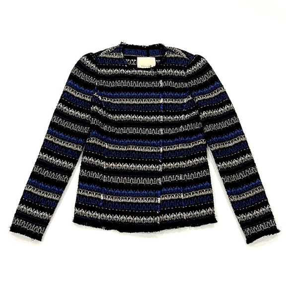 Rebecca Taylor Striped Tweed Fringe Trim Double Breasted Blazer Jacket - Picture 1 of 8